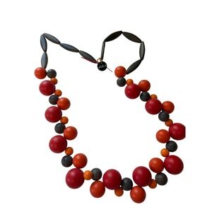 Alisha D. Italy Chunky Beaded Statement Necklace Red Orange Grey Wood Beads